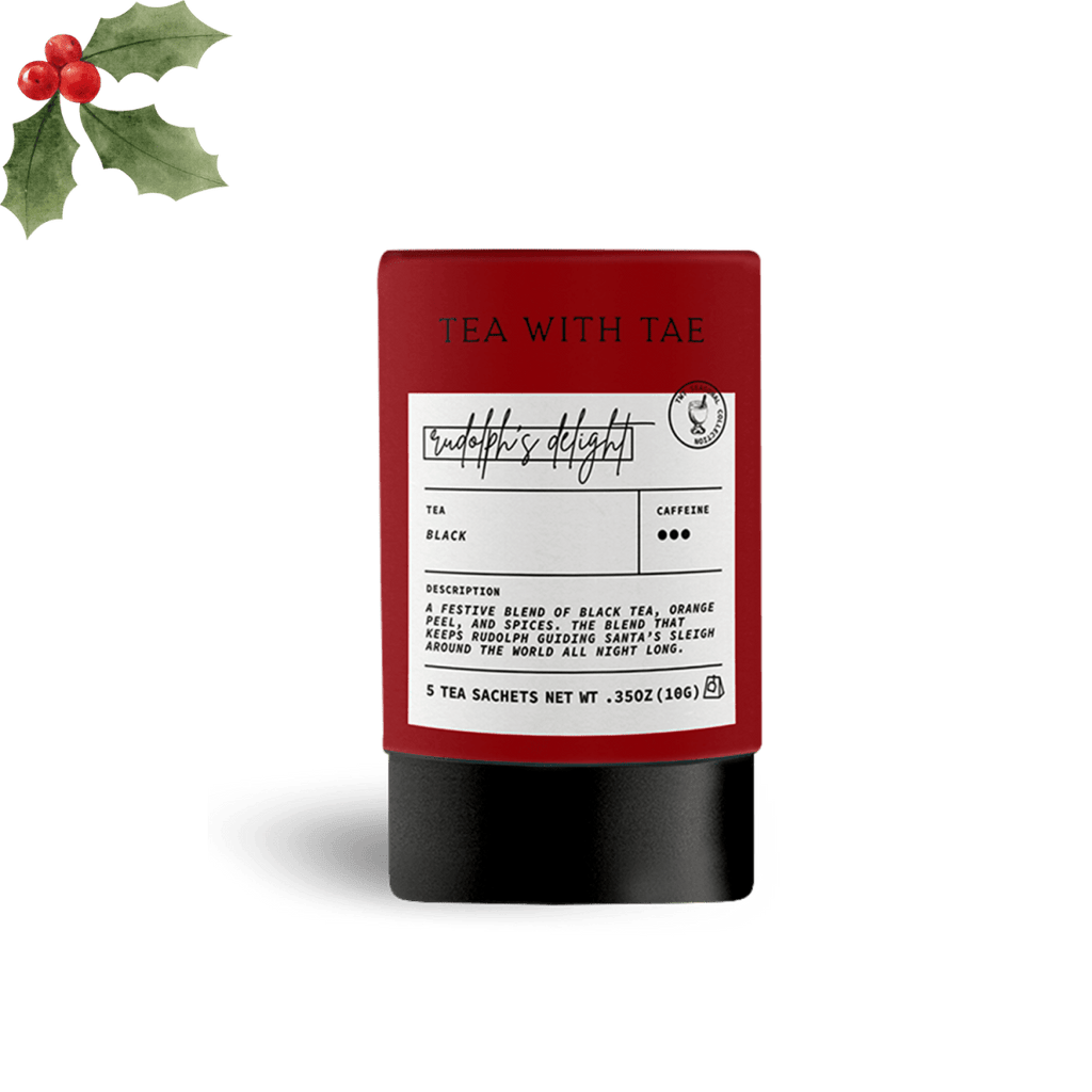 Tea with Tae Rudolph's Delight Mini Tea Tube (5 tea bags) featuring eco-friendly sachets with black tea, cinnamon, and orange peel.