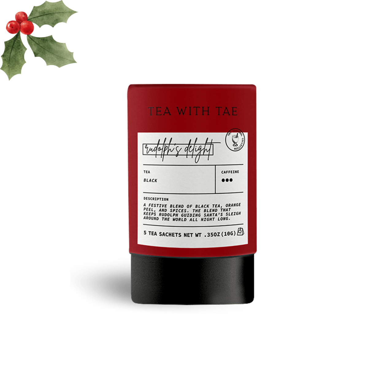 Tea with Tae Rudolph's Delight Mini Tea Tube (5 tea bags) featuring eco-friendly sachets with black tea, cinnamon, and orange peel.