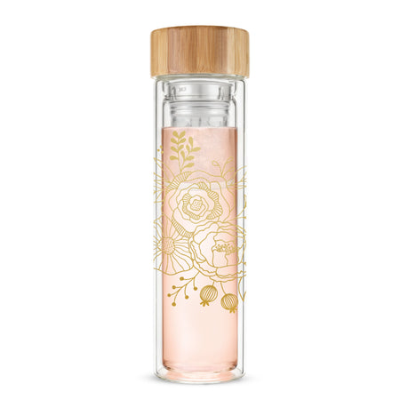 Pinky Up Blair: Bouquet Glass Travel Infuser Mug with detachable strainer, double-walled borosilicate glass, and metallic gold details.