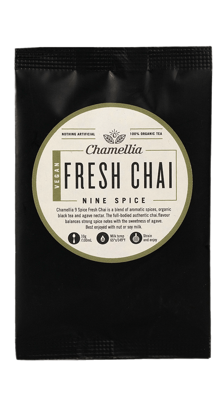 9 Spice Agave Fresh Chai by Somage USA in a clear packaging displayed on a neutral background