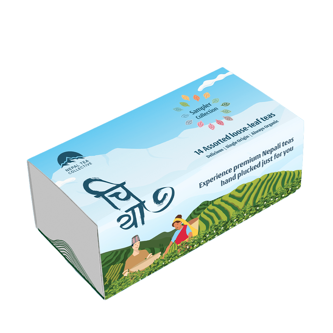 Nepal Tea Sampler Collection by Nepal Tea, featuring a variety of loose-leaf and bagged teas in a travel pouch.