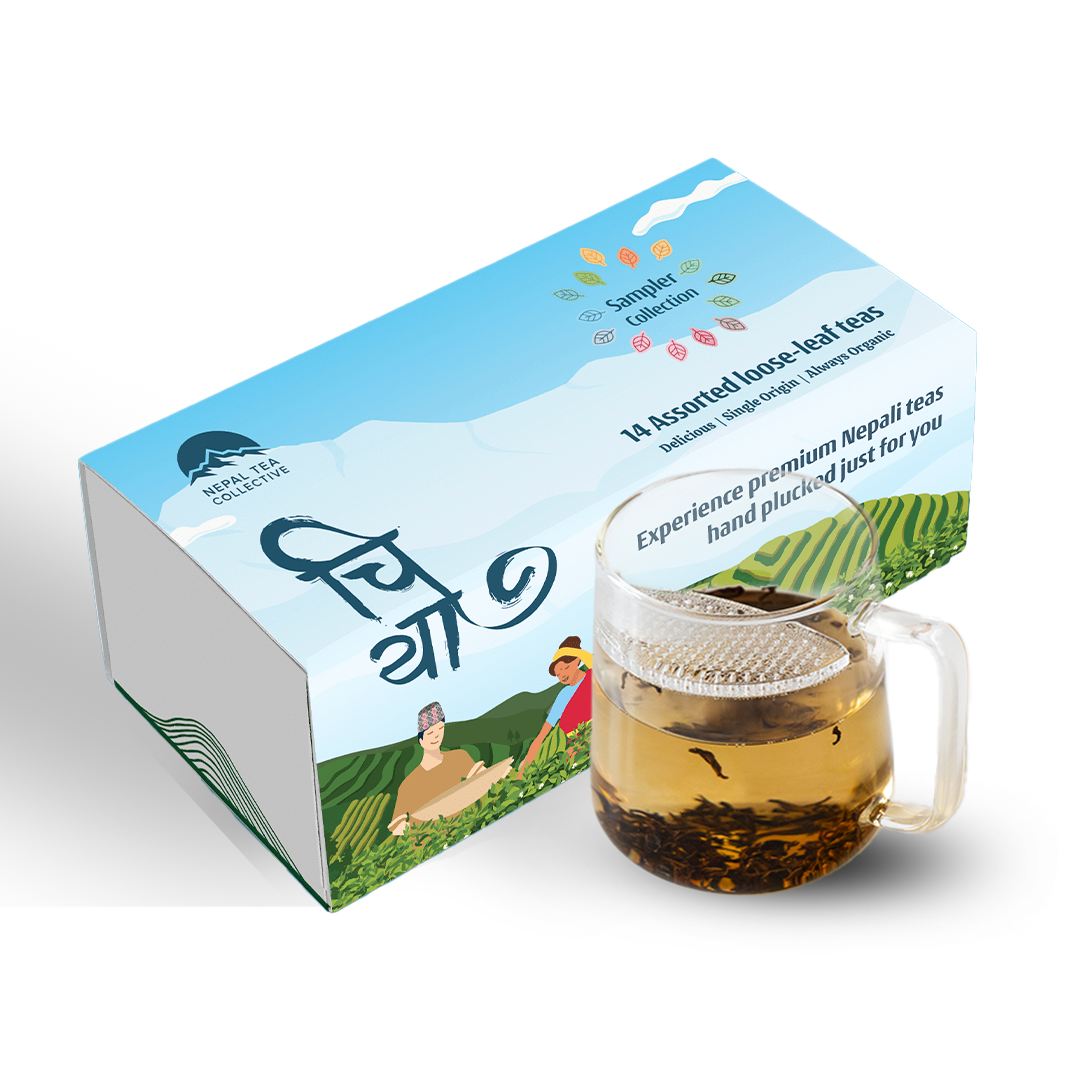 Sampler Box + WALL Tea Infuser by Nepal Tea featuring a variety of loose leaf and bagged teas in a gift collection.