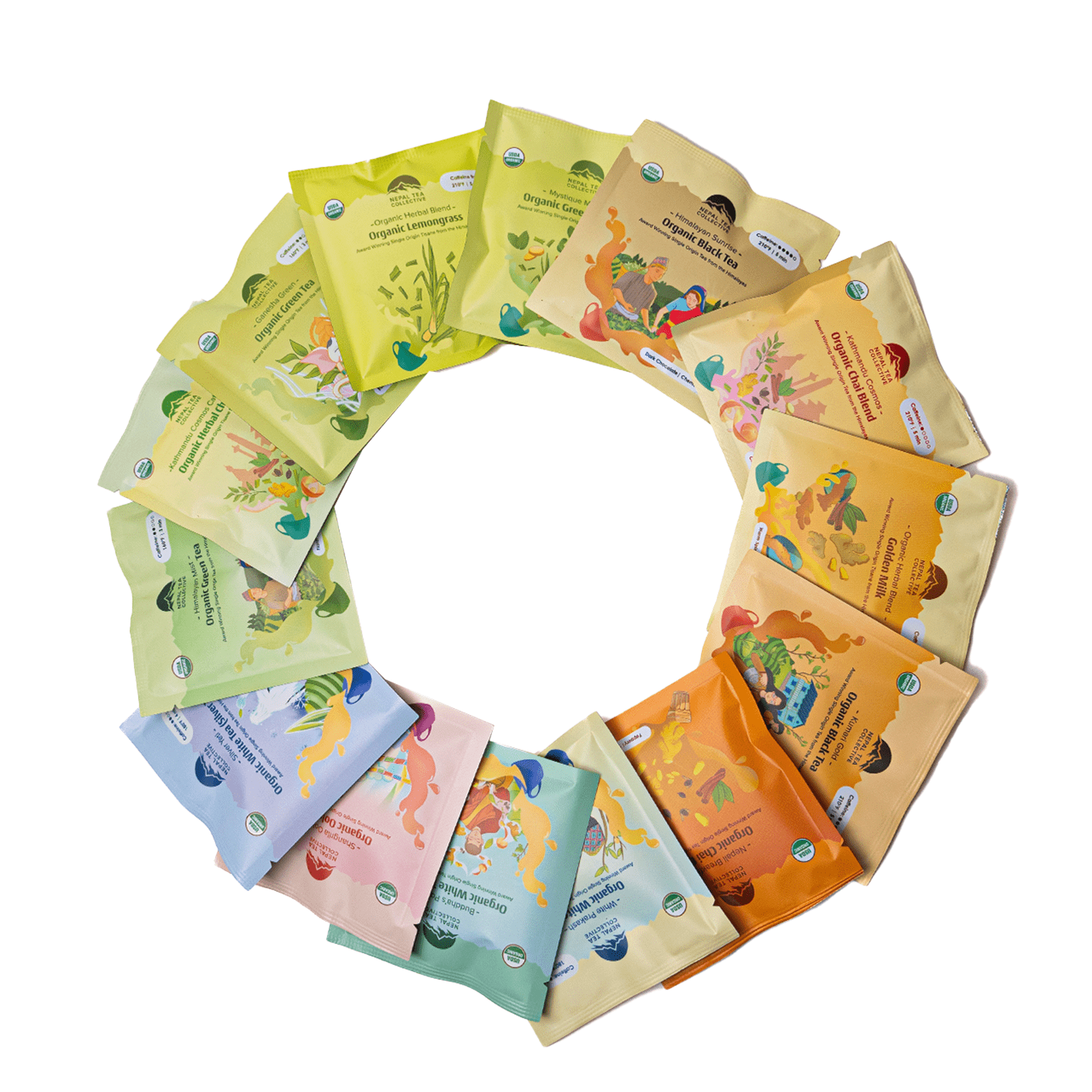 Sampler Box + WALL Tea Infuser by Nepal Tea, featuring assorted tea sachets in a box with a tea infuser.