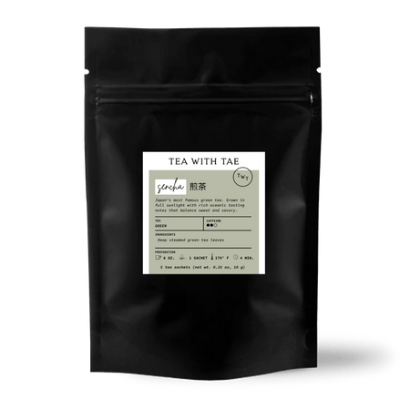 Tea with Tae Sencha 5ct. Pouch containing 5 biodegradable pyramid sachets of Japanese green tea for flavorful brewing.