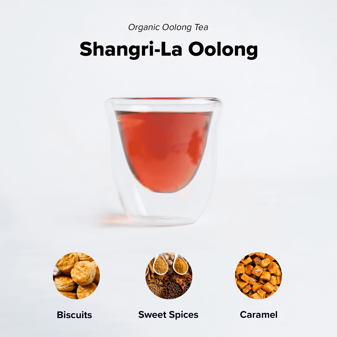 Shangri-La Oolong by Nepal Tea, featuring loose tea leaves in a natural setting