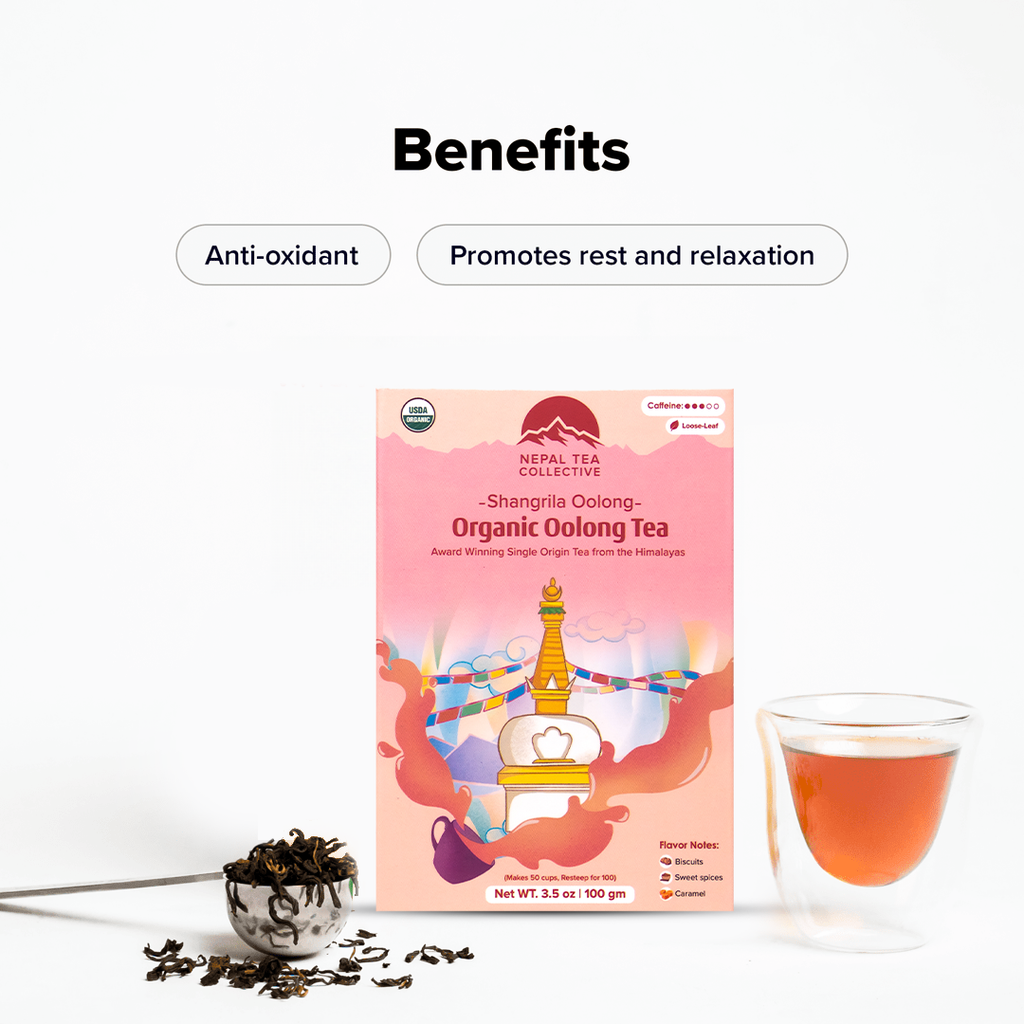 Shangri-La Oolong tea leaves in a clear glass teapot, presented by Nepal Tea, showcasing the tea's color and texture.