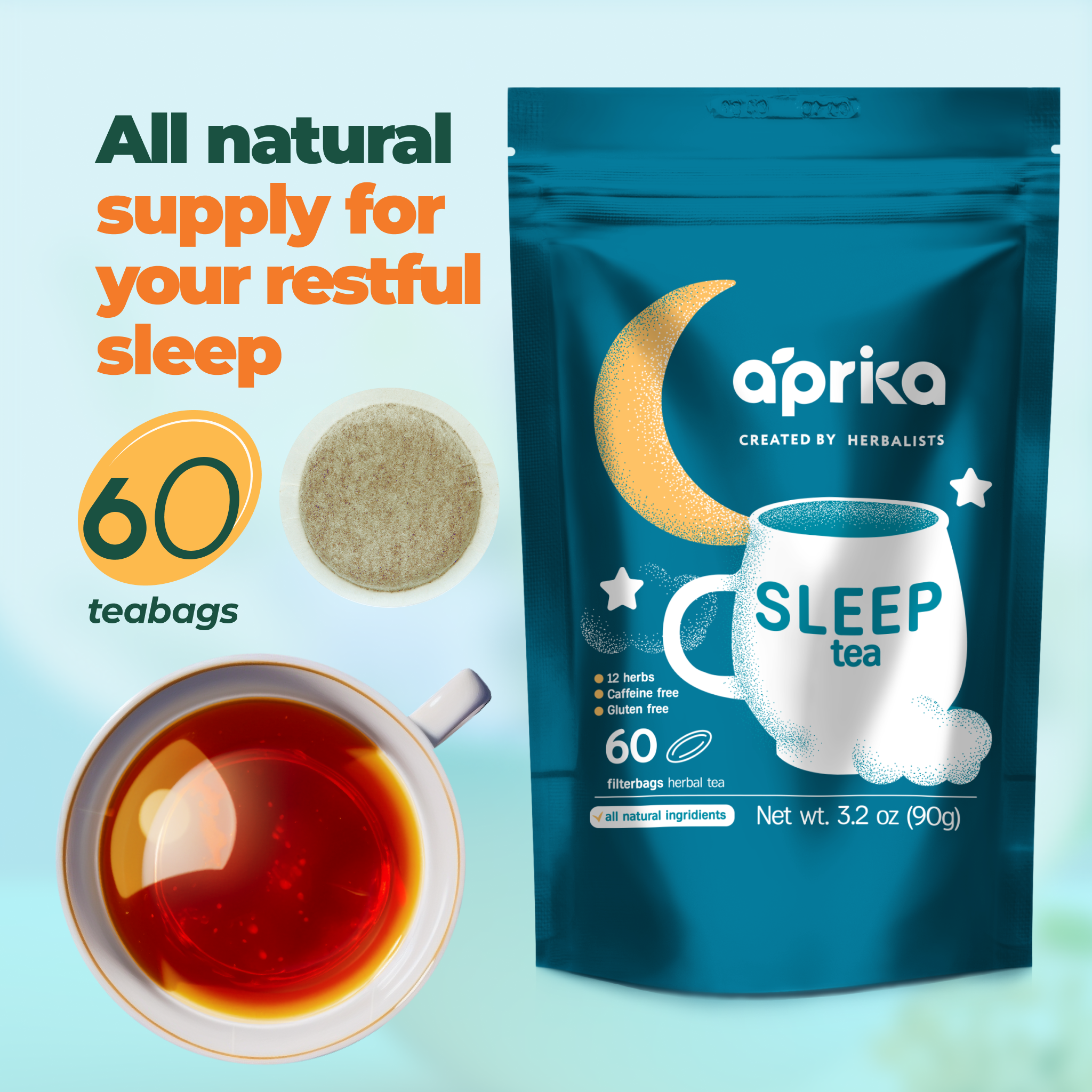 Aprika Life Herbal Sleep Tea With Sleep Guide, 60 Bags