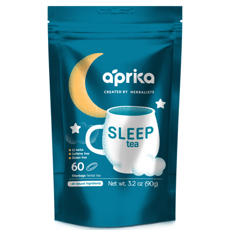 Aprika Life Herbal Sleep Tea With Sleep Guide, 60 Bags, features a blend of 12 natural herbs for relaxation, caffeine-free.
