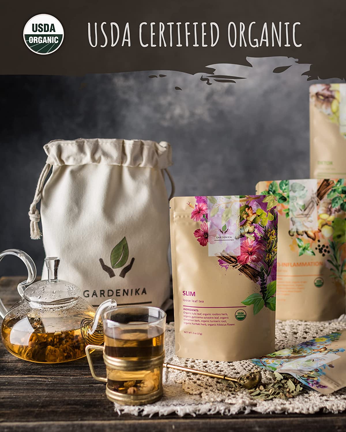 Gardenika Organic Loose Leaf Tea Sampler, Caffeine-Free Herbal Assortment, 120+ Cups – 5 Pack