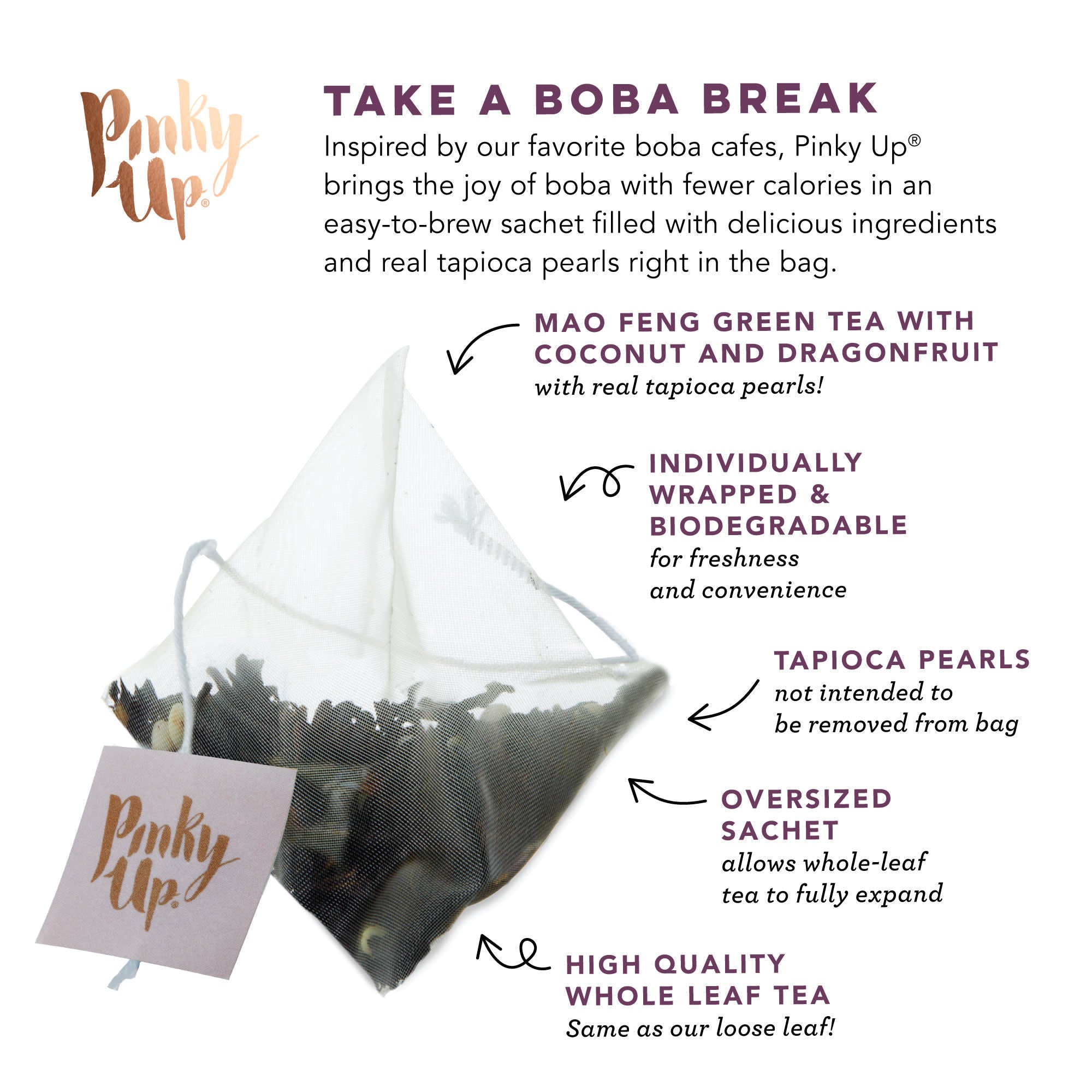 Pinky Up Mochi Ice Cream Boba Tea Sachets in packaging, featuring colorful designs and flavors for tea preparation.