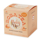 Pinky Up Mango Guava Boba Tea Sachets, featuring pyramid sachets with mango, papaya, guava, and tapioca pearls.