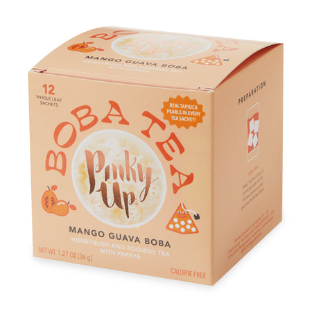 Pinky Up Mango Guava Boba Tea Sachets, featuring pyramid sachets with mango, papaya, guava, and tapioca pearls.
