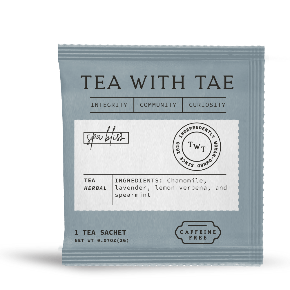 Tea with Tae Spa Bliss 50 ct. Overwrap Bag contains 50 individually-wrapped caffeine-free tea bags featuring chamomile, lavender, and spearmint.