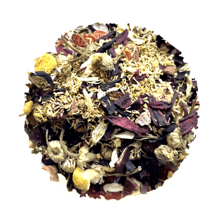 Beach House Surf Break tea, organic herbal blend with hibiscus, chamomile, rose hips, and cinnamon chips in loose leaf form.