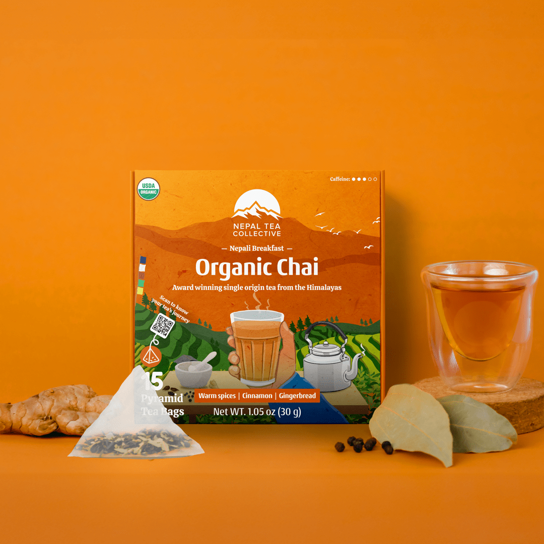 Tea Bags - Bundle of 4 [Black Tea, Green Tea, Chai & Herbal Blend] by Nepal Tea, featuring assorted tea bags in packaging.