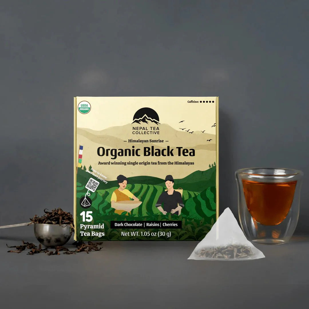 Tea Bags - Bundle of 4 [Black Tea, Green Tea, Chai & Herbal Blend] from Nepal Tea, featuring assorted tea bags in packaging.