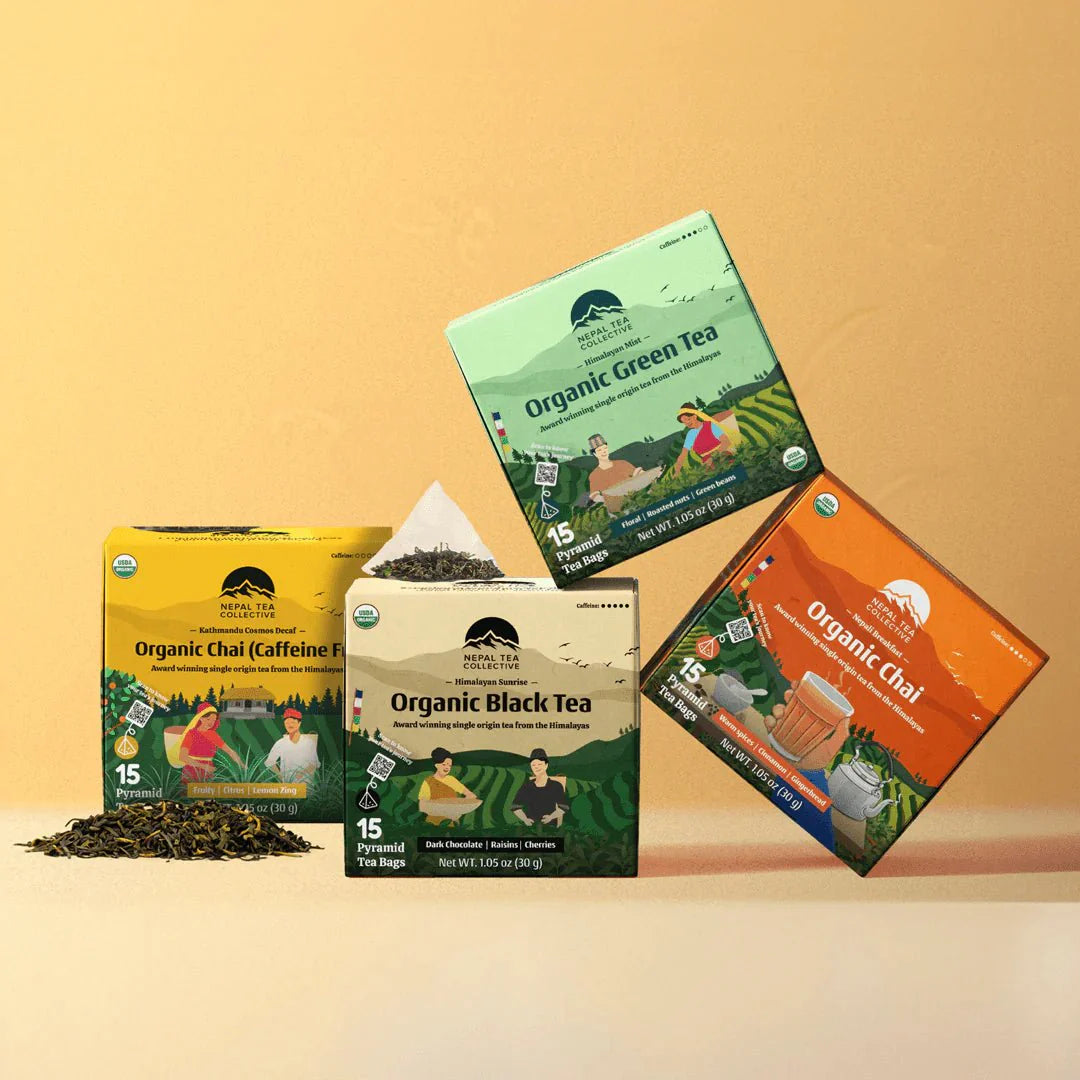 Tea Bags - Bundle of 4 [Black Tea, Green Tea, Chai & Herbal Blend] by Nepal Tea, featuring assorted tea bags with distinct flavors.