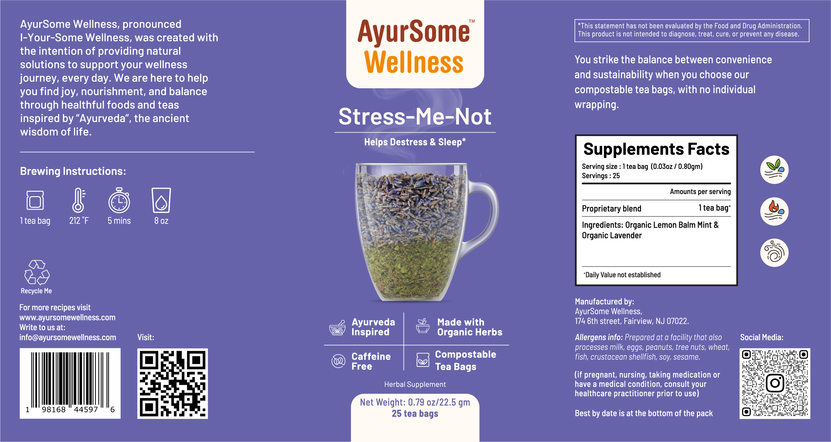 AyurSome Wellness Stress-Me-Not Tea | Organic Lemon Balm, Lavender Tea Blend Herbal Tea