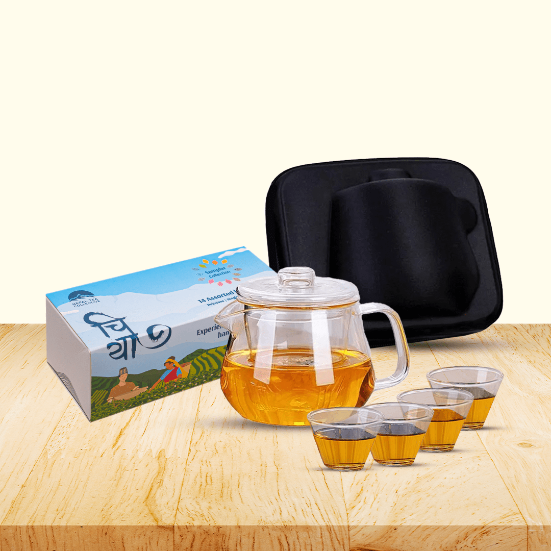 The Tea Explorer Set by Nepal Tea, featuring a portable tea pot, cups, and 14 Nepali teas in a sampler collection.