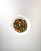 Teappo Genmaicha tea leaves displayed in a close-up image, captured by Teappo