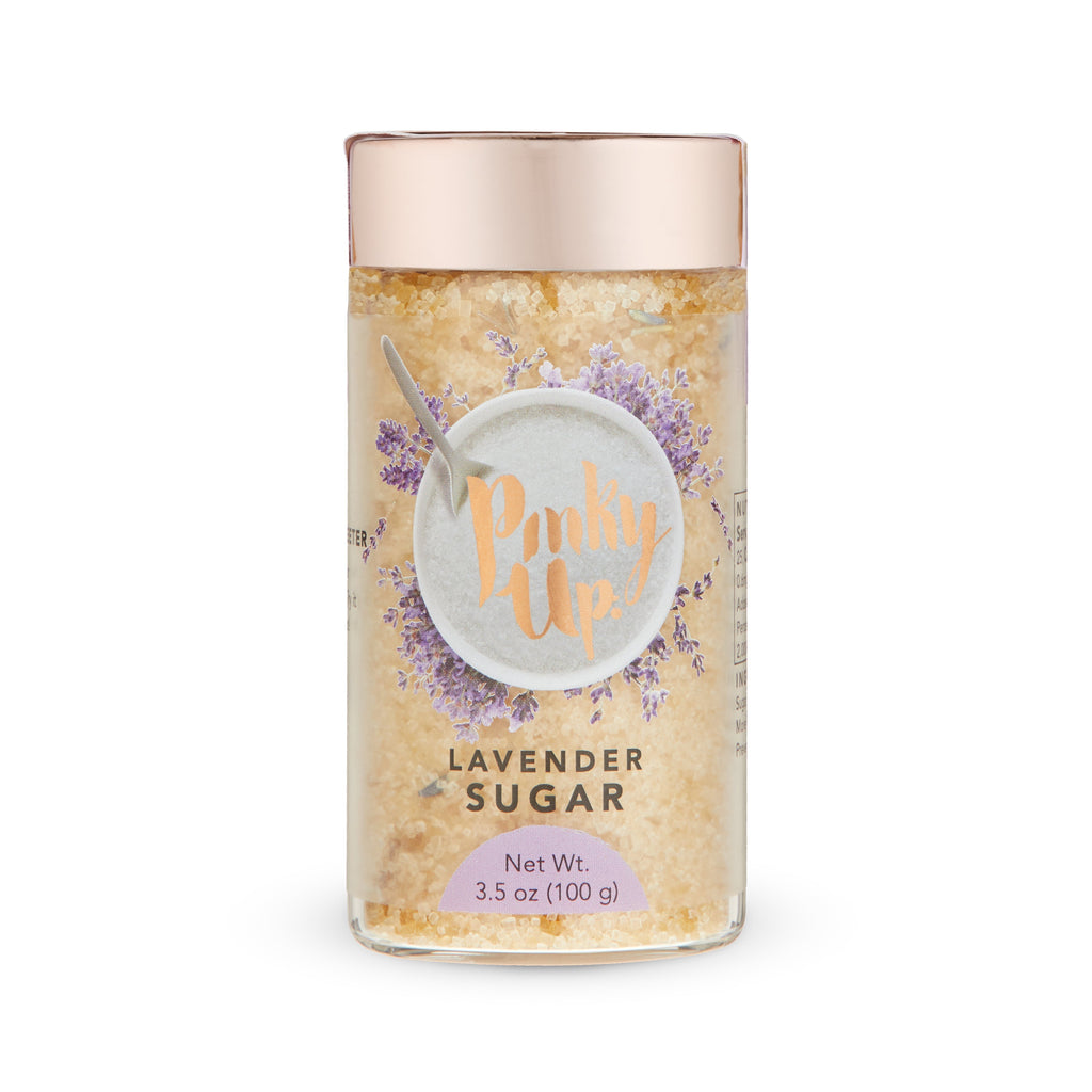 Pinky Up Lavender Sugar in a 3.5 oz container, a unique sweetener infused with lavender for enhancing beverages.