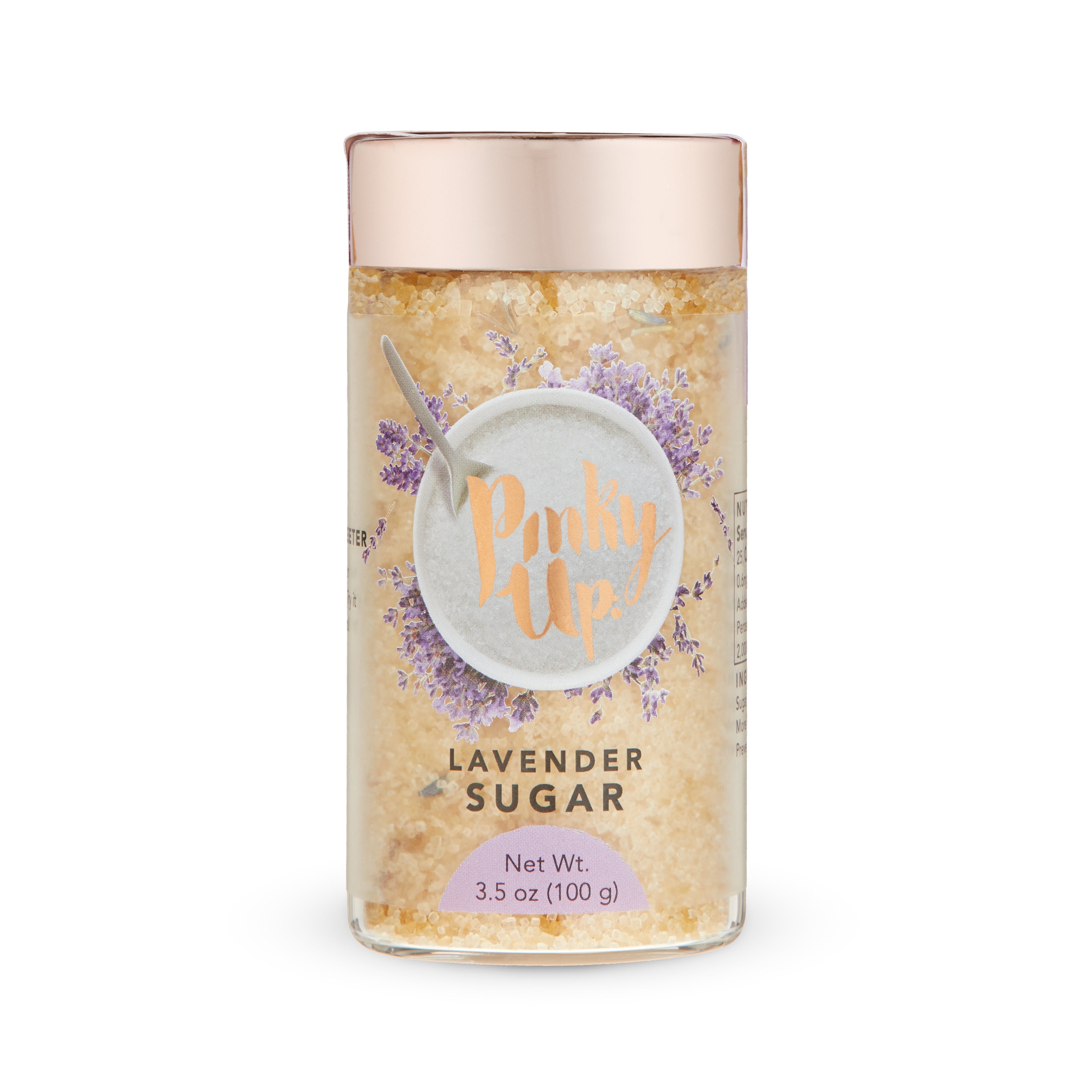 Pinky Up Lavender Sugar in a 3.5 oz container, a unique sweetener infused with lavender for enhancing beverages.