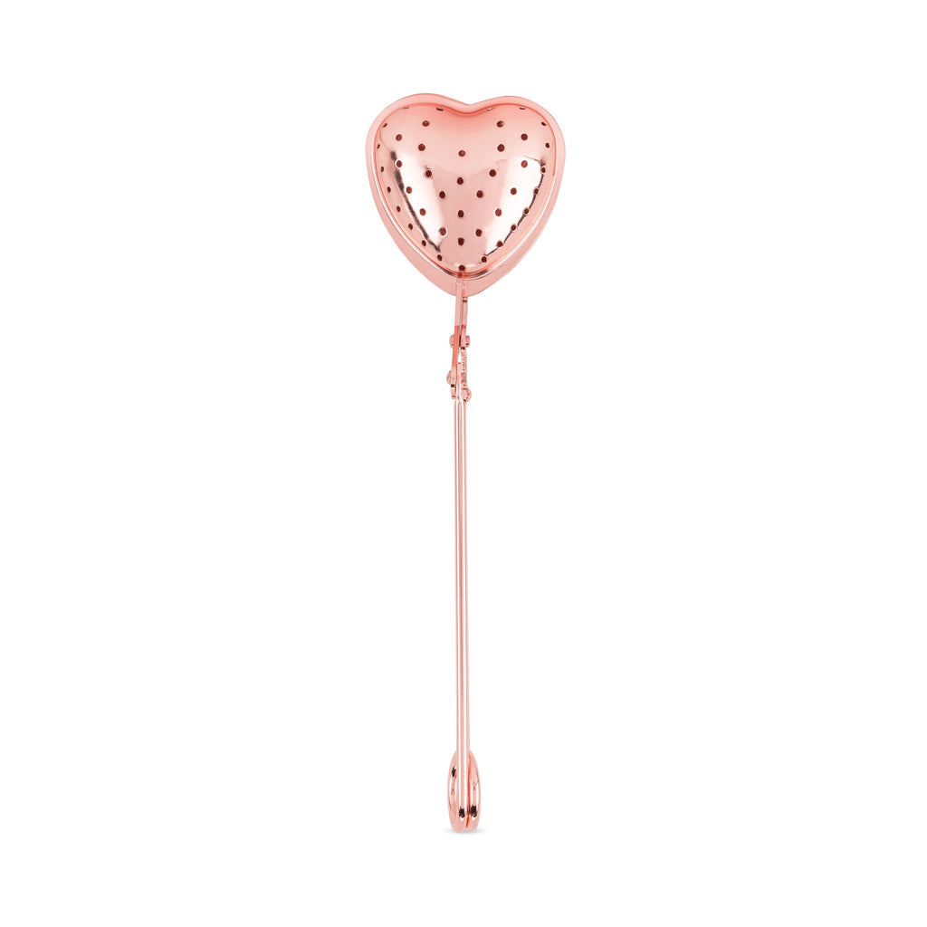 Pinky Up Rose Gold Heart Tea Infuser made of food-safe stainless steel, featuring a joint clasp and versatile stir stick design.