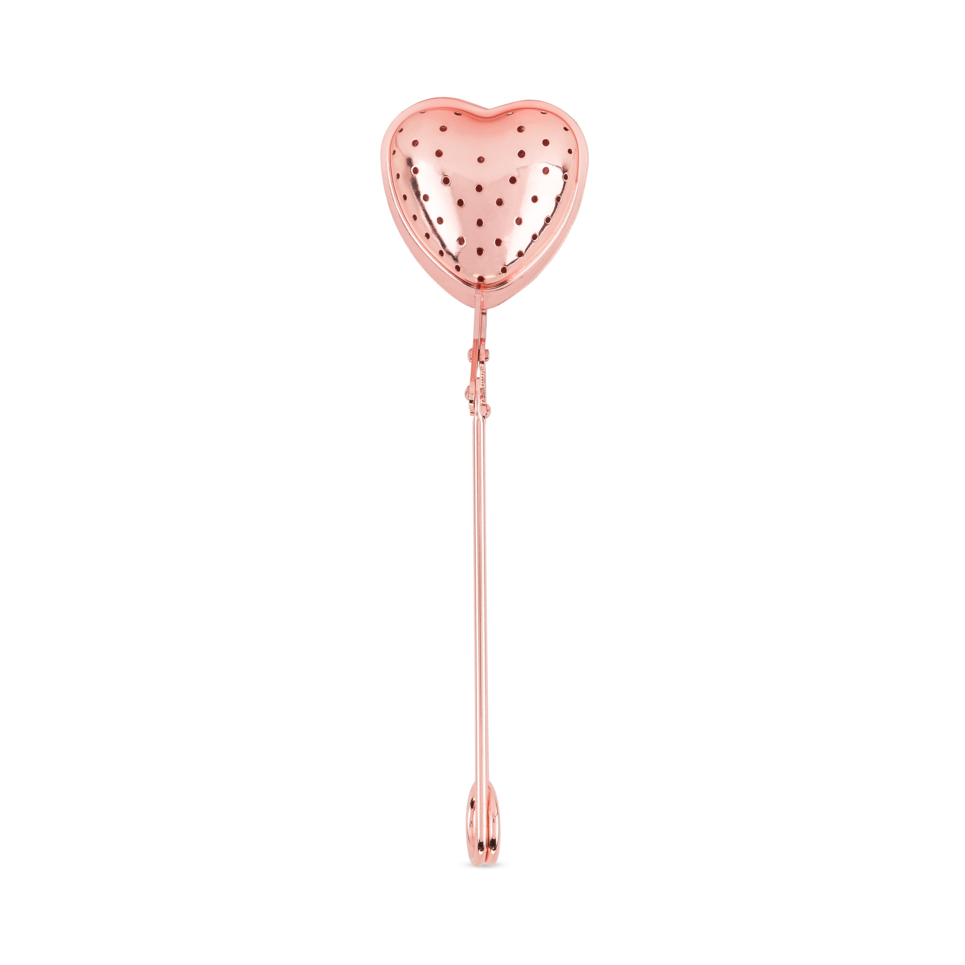 Pinky Up Rose Gold Heart Tea Infuser made of food-safe stainless steel, featuring a joint clasp and versatile stir stick design.