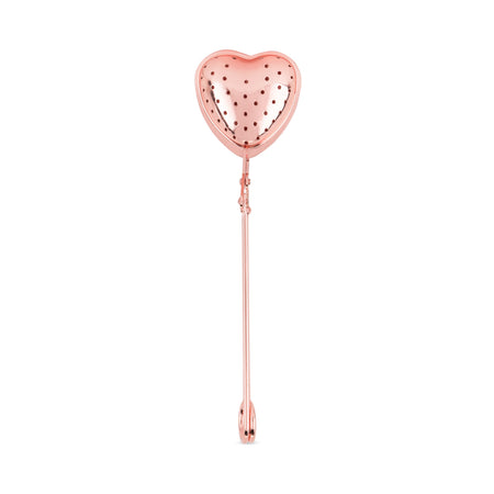 Pinky Up Rose Gold Heart Tea Infuser made of food-safe stainless steel, featuring a joint clasp and versatile stir stick design.