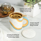 Pinky Up Everlee Infuser Mug with Lid, a pink ceramic mug with an infuser for brewing loose leaf tea.