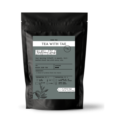 Tea with Tae Traditional Iced Black Tea Pouch containing 8 eco-friendly pillow bags for brewing 16 quarts of iced tea.