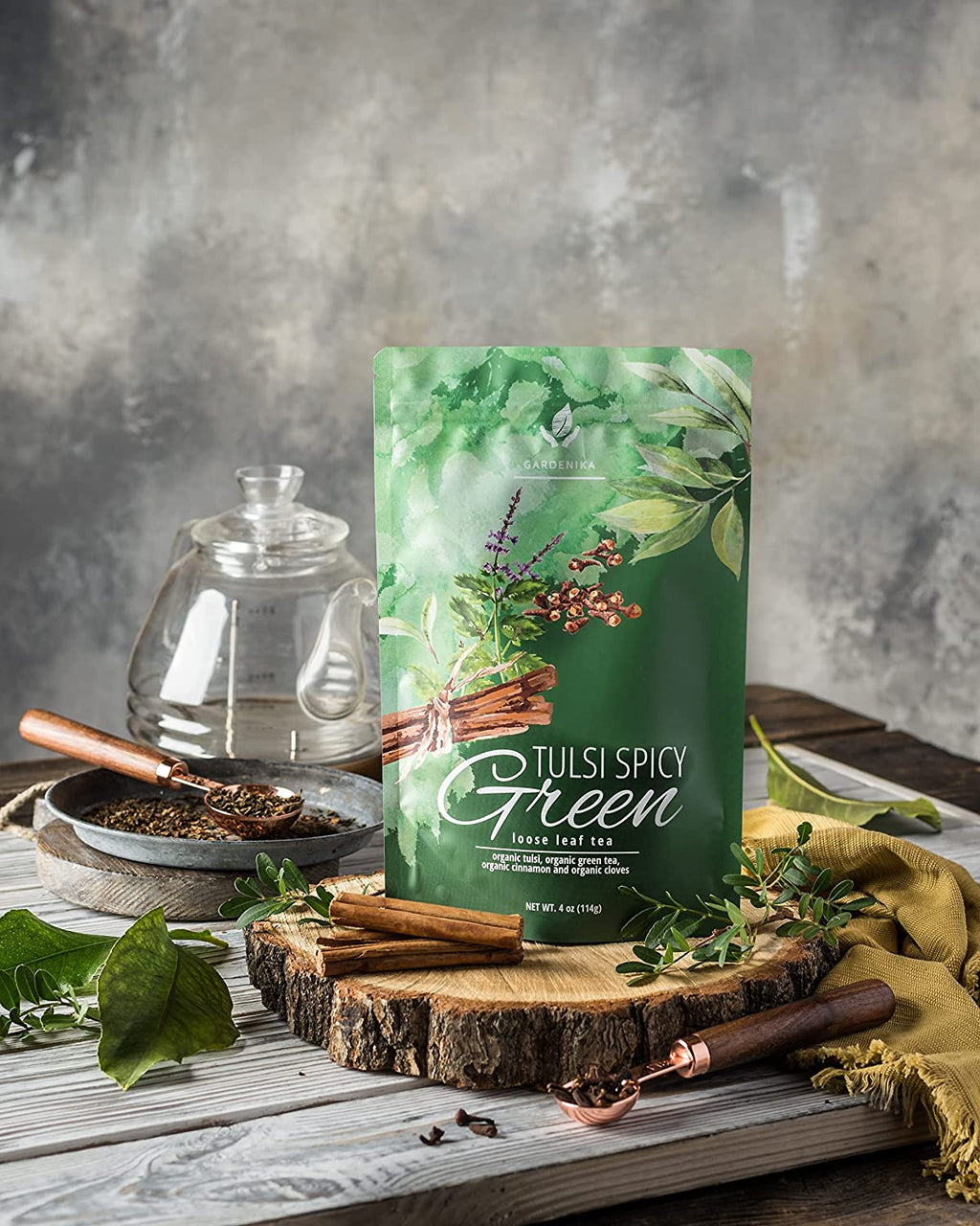 Gardenika Tulsi Spicy Green Tea with Cinnamon, Loose Leaf, USDA Organic, Kosher – 4 Oz (113g)
