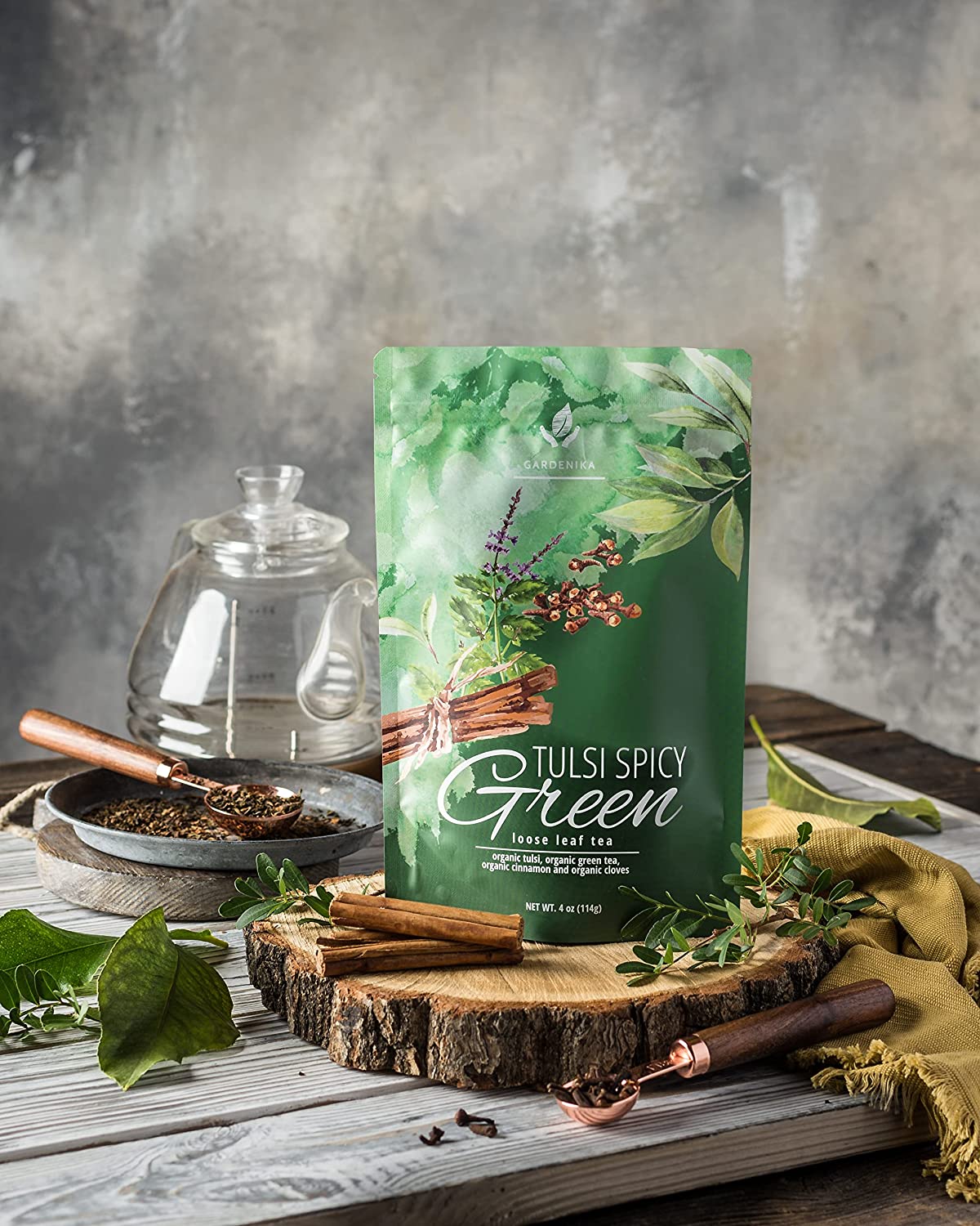 Gardenika Tulsi Spicy Green Tea with Cinnamon, Loose Leaf, USDA Organic, Kosher – 4 Oz (113g)
