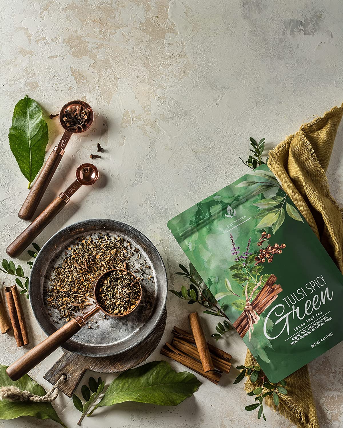 Gardenika Tulsi Spicy Green Tea with Cinnamon, Loose Leaf, USDA Organic, Kosher – 4 Oz (113g)