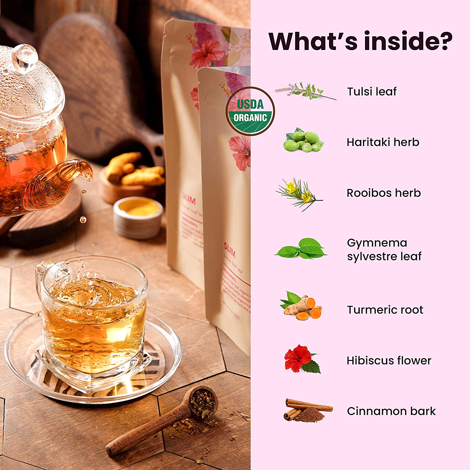 Gardenika Organic Serenity Glow Herbal Tea with Tulsi & Rooibos, Metabolism Support - Stress Relief - Caffeine Free - 55+ Cups - USDA Organic & Kosher - 4 oz (113g)