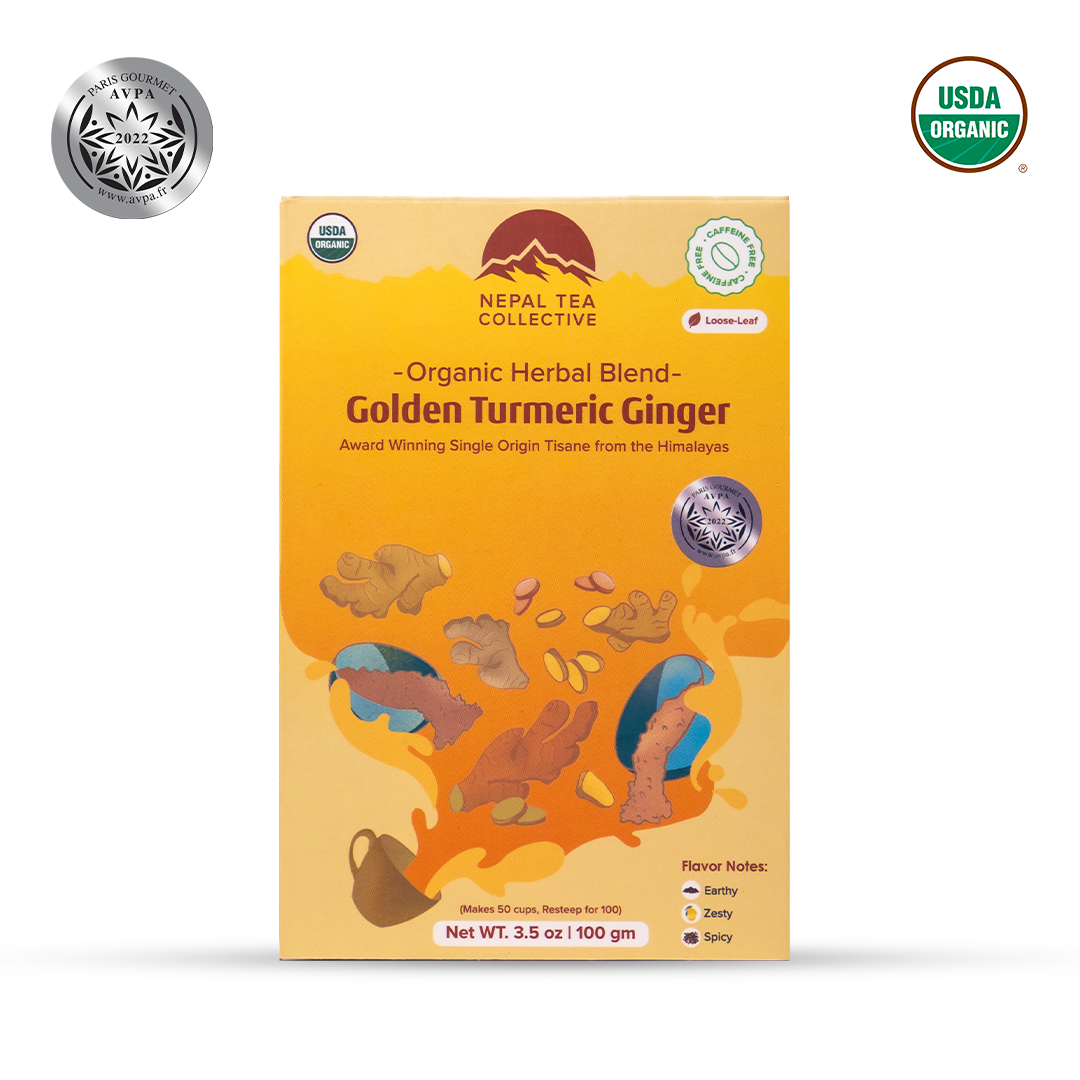 The Herbal Tea Bundle by Nepal Tea featuring a turmeric ginger blend in a loose-leaf format displayed in a clear container.