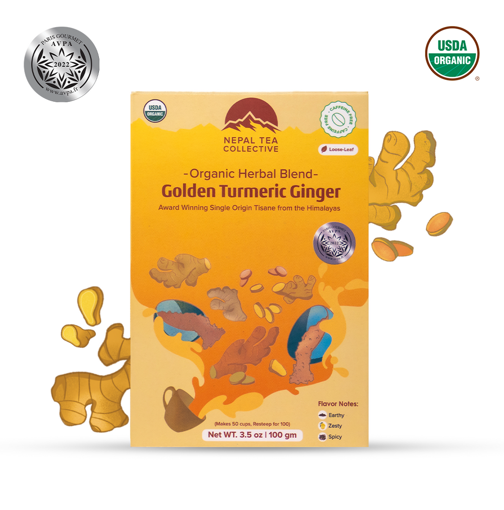 Golden Turmeric Ginger by Nepal Tea, a vibrant blend of turmeric and ginger displayed in a cup, showcasing its earthy color.