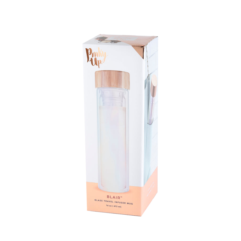 Pinky Up Blair: Iridescent Glass Travel Infuser Mug, featuring a sleek design for brewing tea on the go.