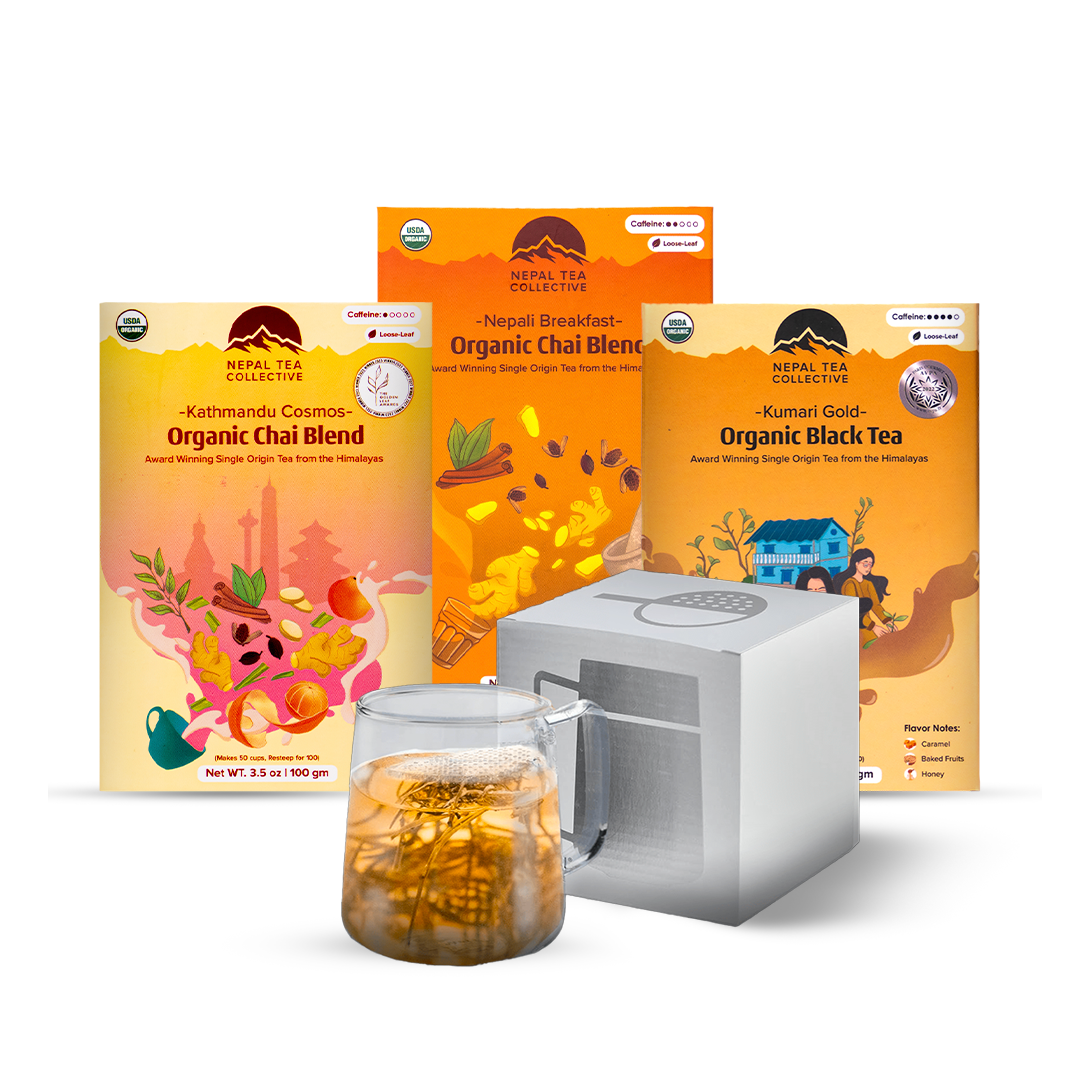 The WALL® Tea Infuser Bundle by Nepal Tea, featuring a borosilicate glass cup with a fused glass strainer for tea infusion.