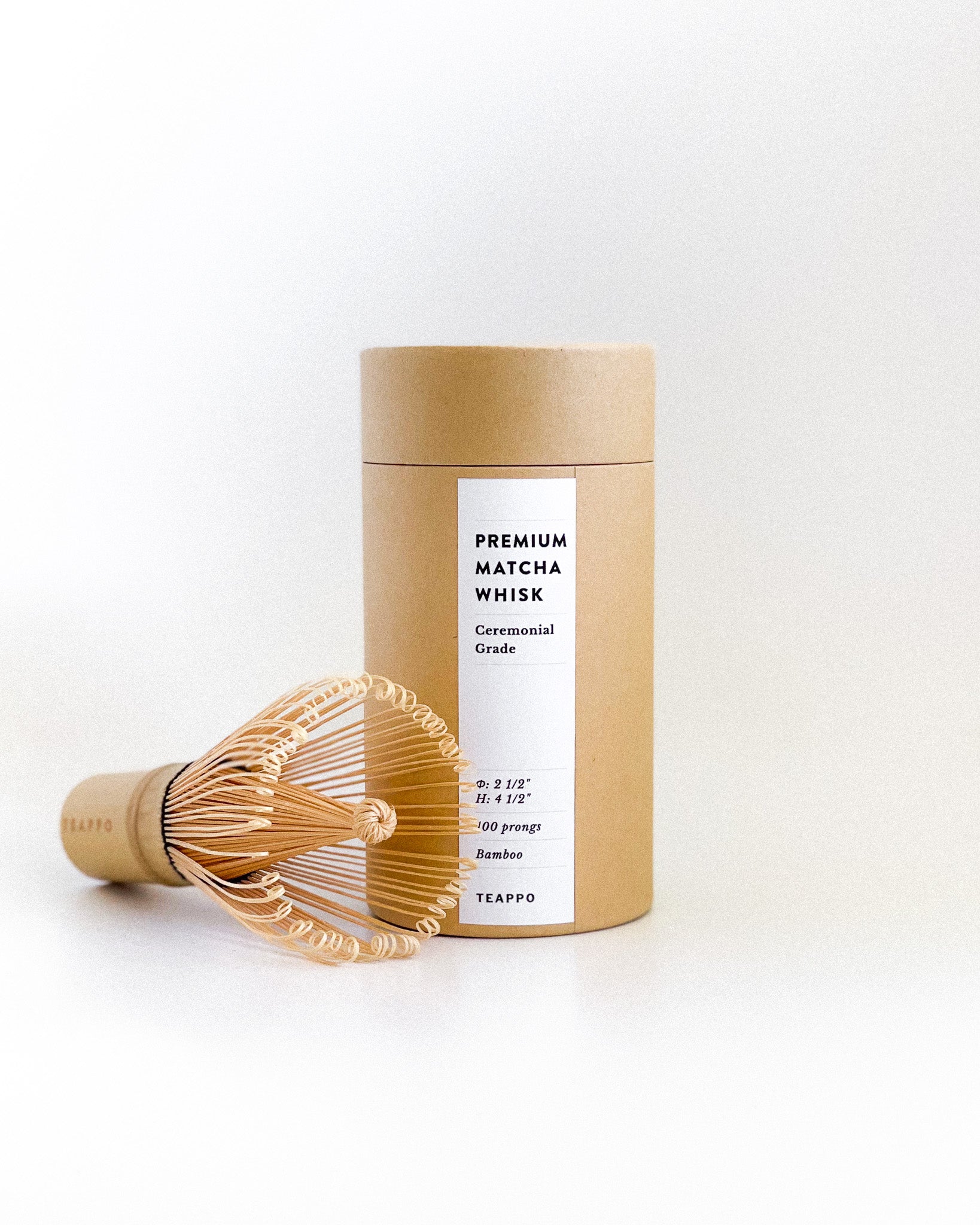 Teappo Premium Matcha Whisk, a traditional bamboo whisk for preparing matcha, shown in an image featuring its natural bamboo color.
