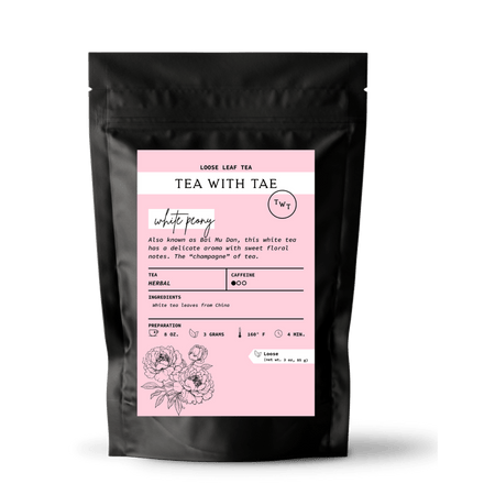 Tea with Tae White Peony Loose Leaf Pouch (3oz. Loose Leaf Tea) in a sealed pouch showcasing Bai Mu Dan white tea leaves.