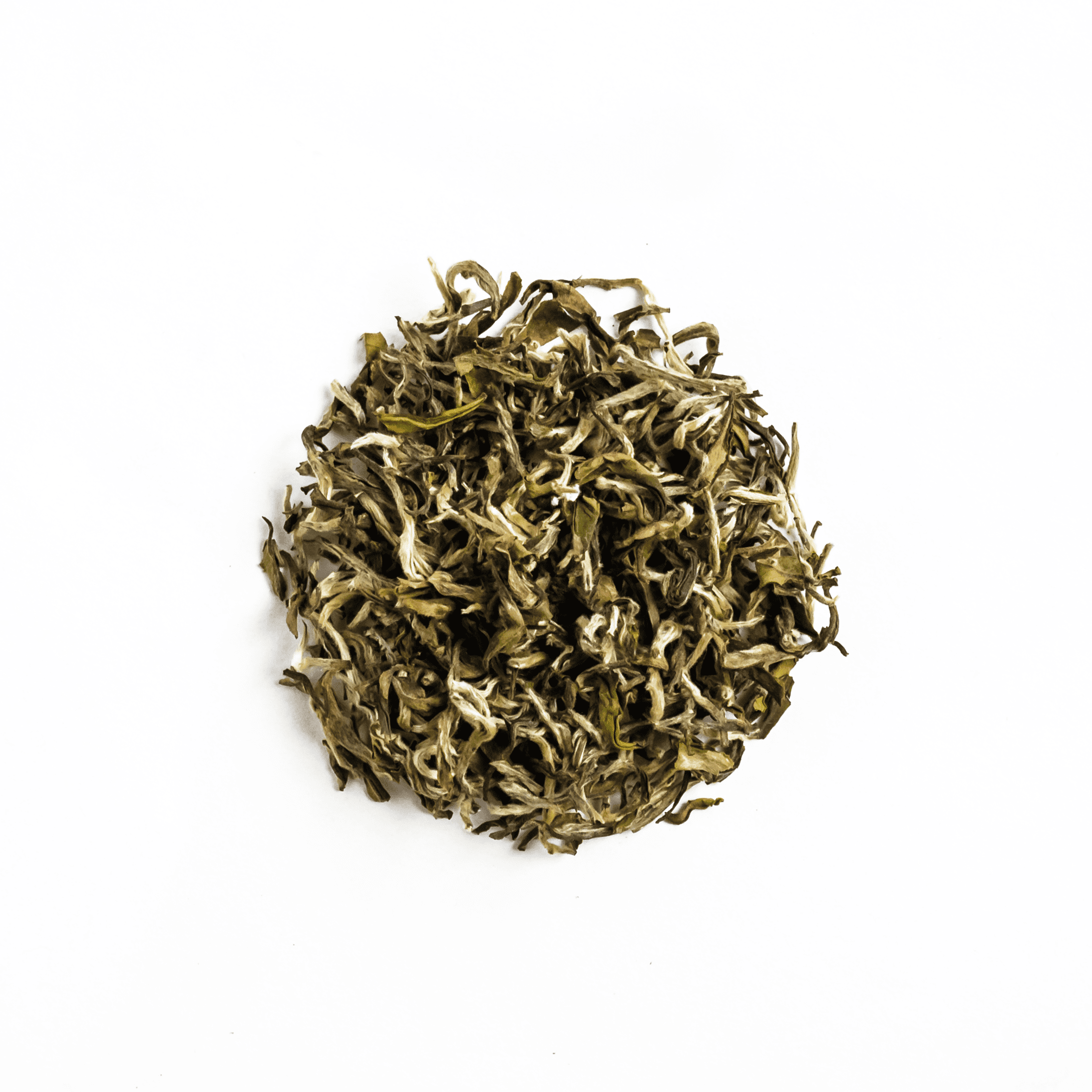 White Prakash tea from Nepal Tea in a loose leaf format, displayed in a clear packaging on a wooden surface.