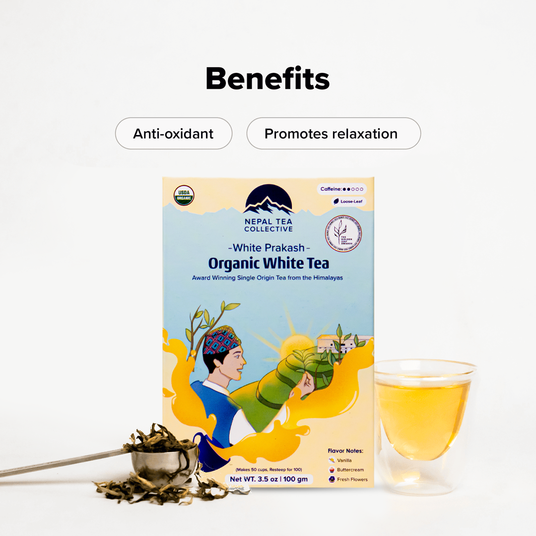 White Prakash tea leaves from Nepal Tea, displayed in a clean, clear image showcasing their texture and color.