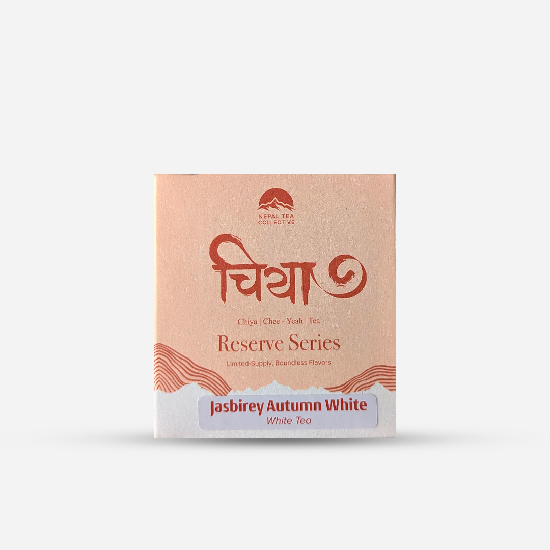 White Tea Jasbire by Nepal Tea, a delicate white tea blend with floral and herbal notes, displayed in packaging.