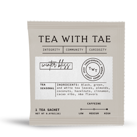 Tea with Tae Winter Bliss 50 ct. Overwrap Bag, featuring individually-wrapped pyramid tea bags with a blend of white, black, and green teas.