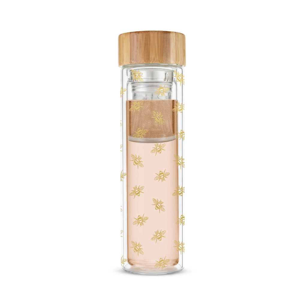 Pinky Up Blair Bee Glass Travel Infuser Mug, double-walled borosilicate glass, 16 oz. capacity, detachable infuser, metallic gold details.