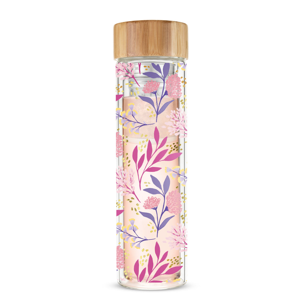 Pinky Up Blair: Botanical Bliss Glass Travel Infuser Mug, double-walled 16 oz. mug with detachable infuser and stainless steel details.