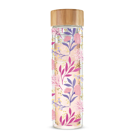 Pinky Up Blair: Botanical Bliss Glass Travel Infuser Mug, double-walled 16 oz. mug with detachable infuser and stainless steel details.