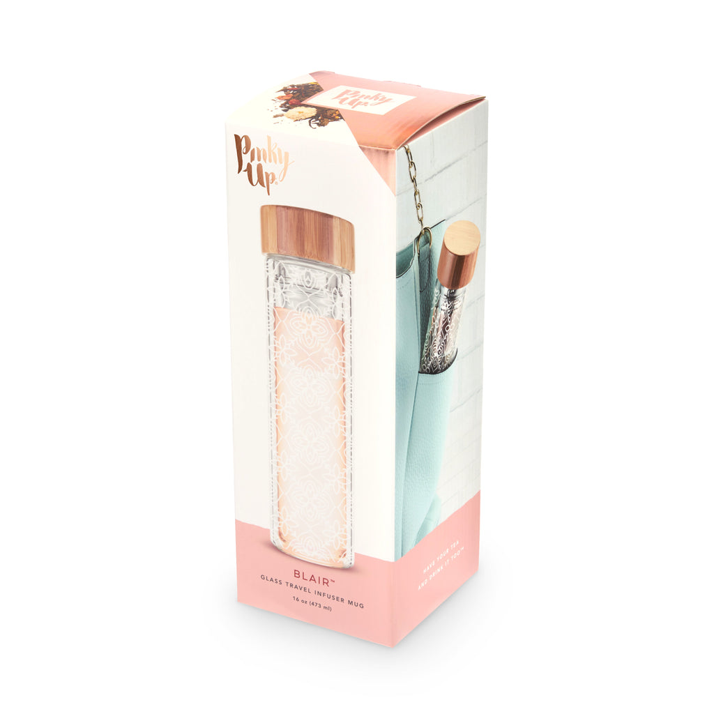 Pinky Up Blair: Marrakesh Glass Travel Infuser Mug, a clear glass mug with a lid and infuser for brewing tea on-the-go.