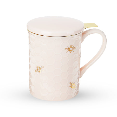 Pinky Up Annette: Honeycomb Ceramic Tea Mug & Infuser, pink ceramic mug with infuser and lid, 12 oz capacity.